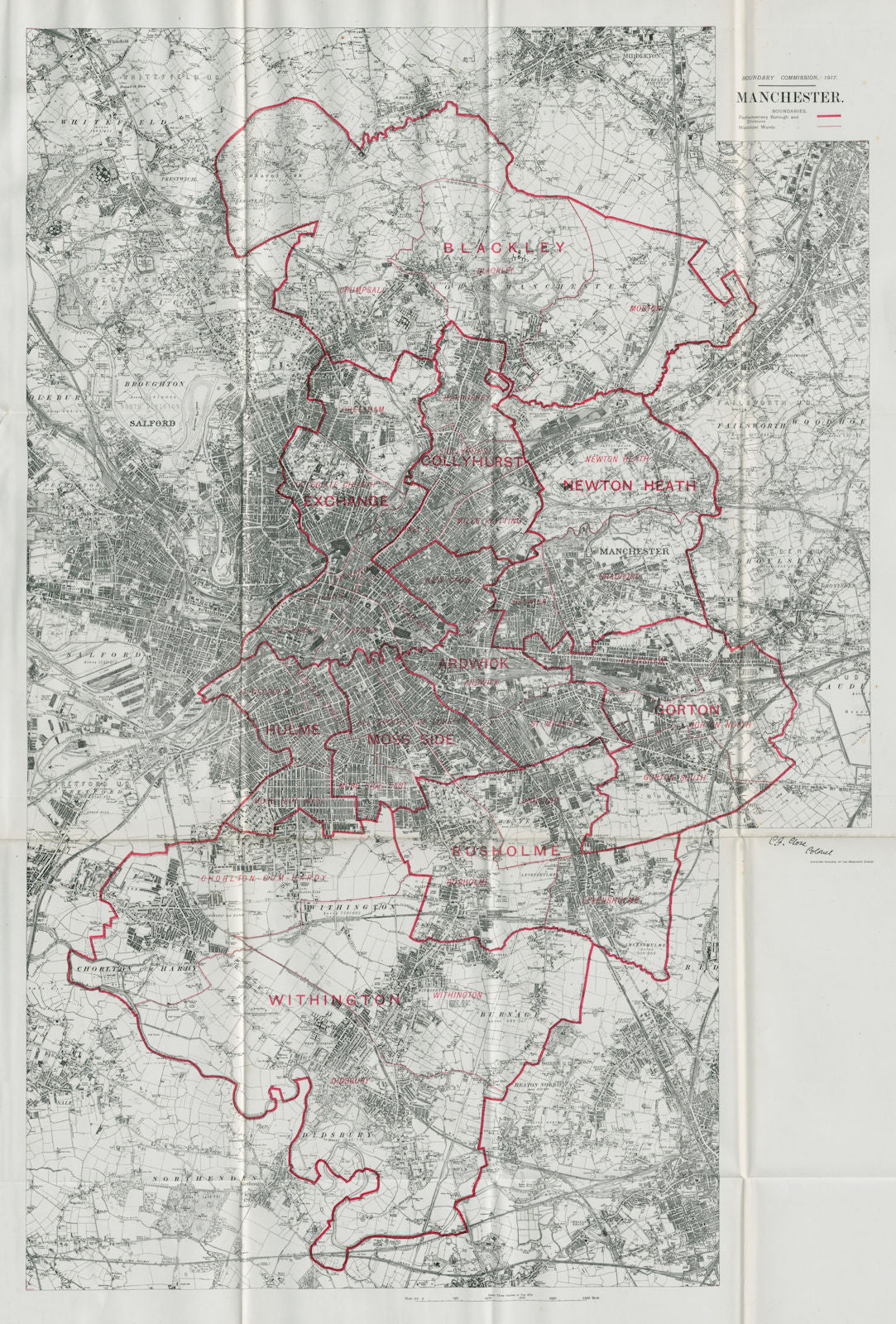Manchester Parliamentary Borough. BOUNDARY COMMISSION. Close 1917 old map